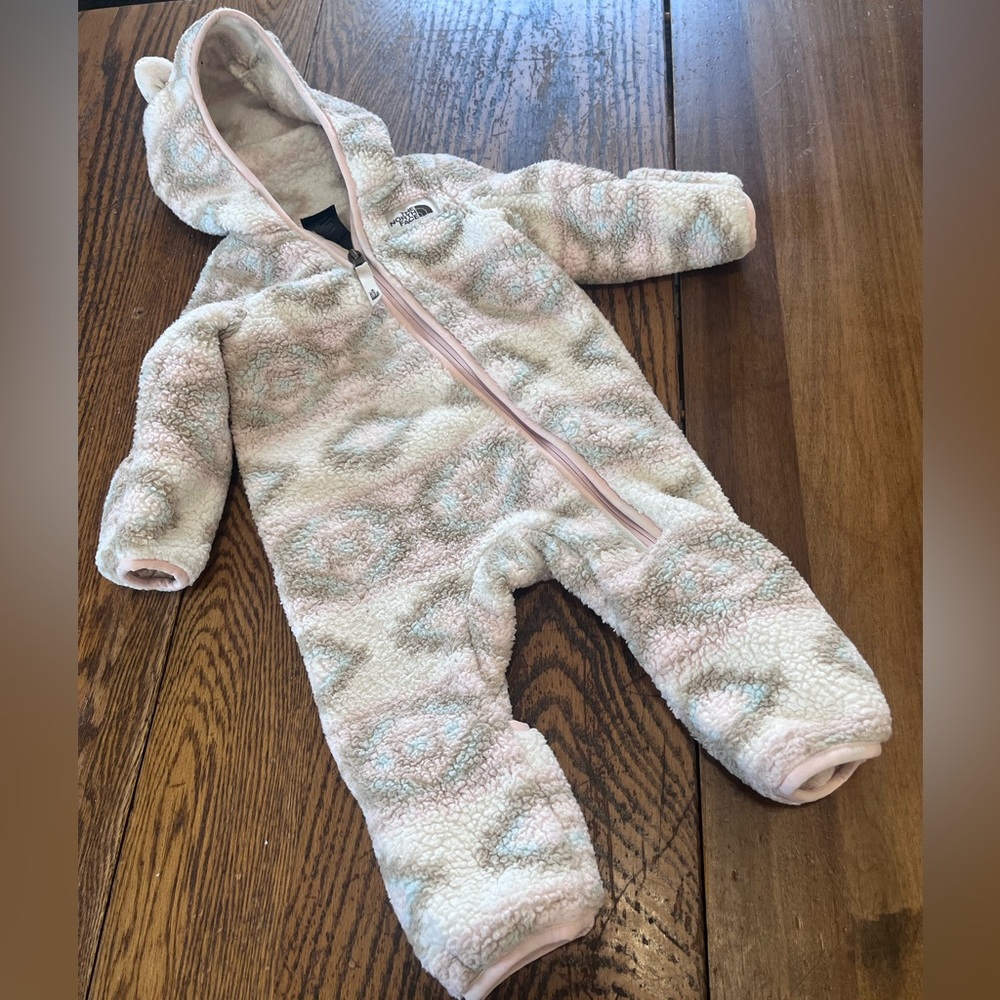 The North Face Pink and Cream Kids Shepha snowsuit